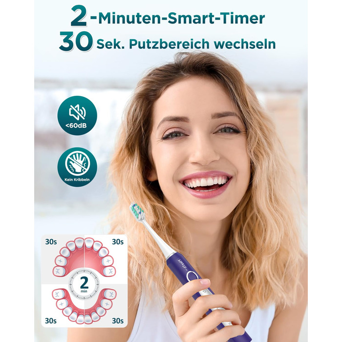 Електрична зубна щітка для дорослих та дітей - звукова, 8 насадок (3 типи), 90 днів роботи, 5 режимів, 50000VPM, кейс для подорожей, таймер (Фіолетовий/Білий)