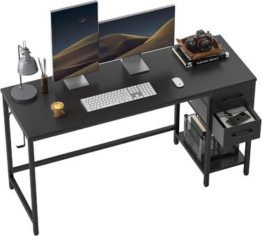 Письмовий стіл CubiCubi з 2 шухлядами та гачком для навушників, 140×50×75 см, комп'ютерний стіл для офісу й спальні, металевий каркас, чорний