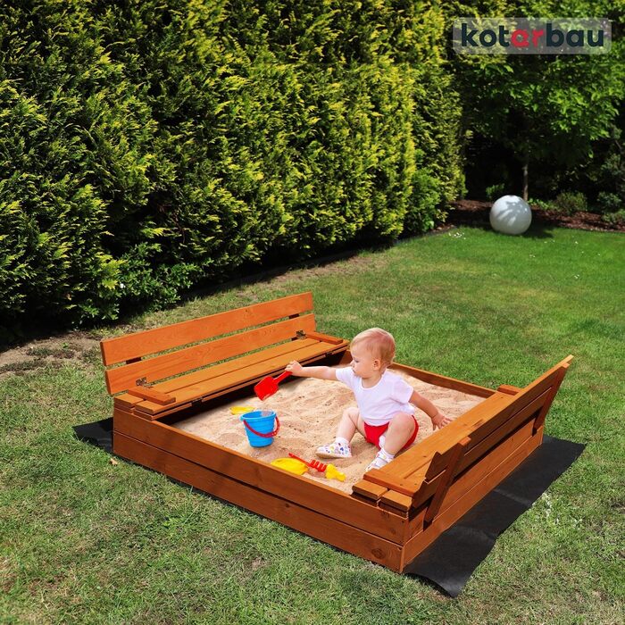 Пісочниця KOTARBAU® з кришкою, 120x120 см, з лавками, дерево, оброблена, пісочниця з кришкою