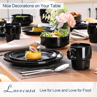 Порцеляновий столовий сервіз LOVECASA, комбінований сервіз із 16 предметів, набір столового посуду на 4 особи Обідні тарілки, чашки, десертні тарілки та миски, чорний чорний обідній сервіз із 16 предметів