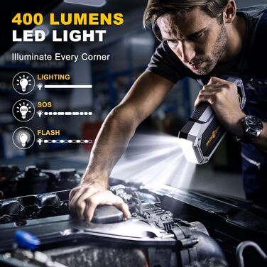 Портативний пусковий пристрій Starthilfe Powerbank 6000A з компресором, ліхтарем Lumen та LCD-дисплеєм. Чорний