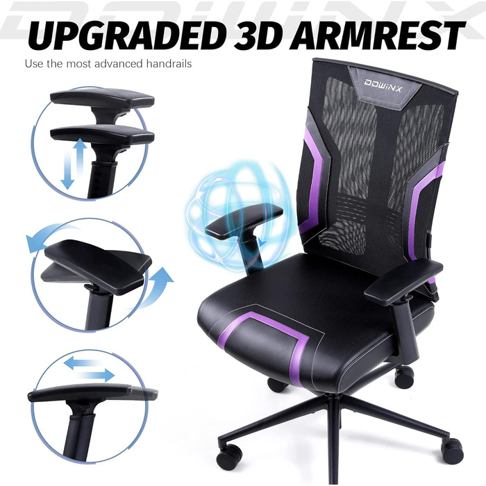 Ігровий крісло Dowinx з 3D підлокітниками, офісне крісло, ергономічне, з функцією гойдання, шкіряне, поворотне, для офісу та дому, чорний, сірий (чорний, фіолетовий)