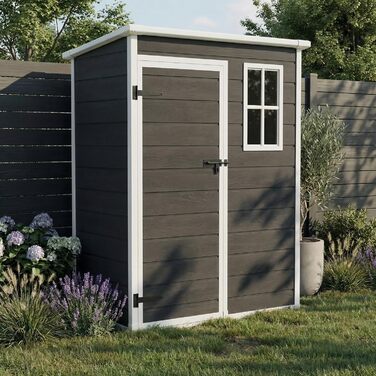 Сарай садовий STEELSØN Novara 192x92x151 см - пластиковий, з вікном, під дерево, дах похилий, темно-сірий, вологостійкий