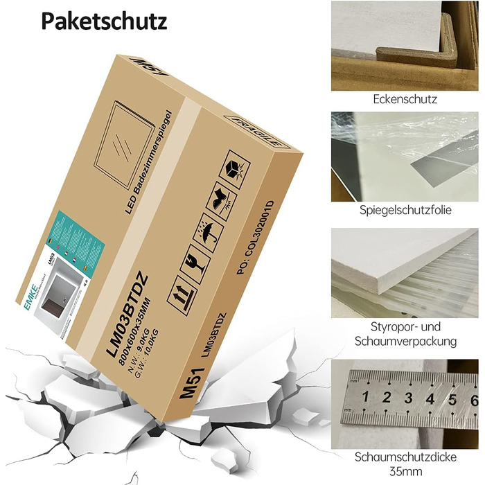 LED дзеркало для ванної кімнати EMKE 80x60 см з підсвічуванням, холодним білим світлом, сенсорним вимикачем, IP44, енергозберігаюче