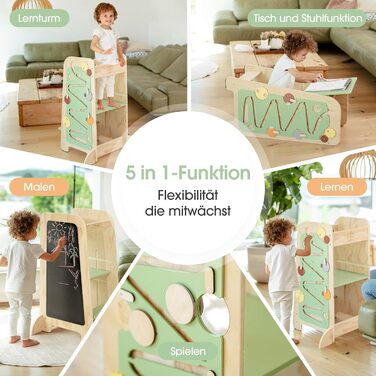 Дерев'яний навчальний столик-лесенка EXPLORER Kids® Montessori 5-в-1 | Регульована висота, захист від падіння, захист від перекидання | Розвиває моторику, цифри та форми | Білий та салатовий кольори | Для дітей від 1 року