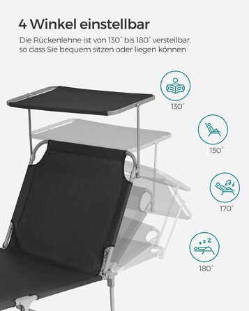 Лежак для відпочинку SONGMICS, розкладний, 193 x 53 x 29 см, до 150 кг, захист від сонця, подушка, регульована спинка, для саду, басейну, тераси (Чорний)