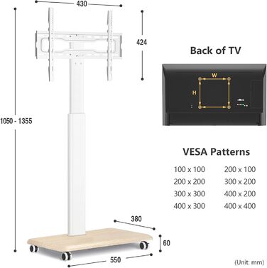 Підставка під телевізор TVON White з колесами, регульована по висоті, поворотна, на 32-65 дюймів, до 40 кг, VESA 400x400 мм