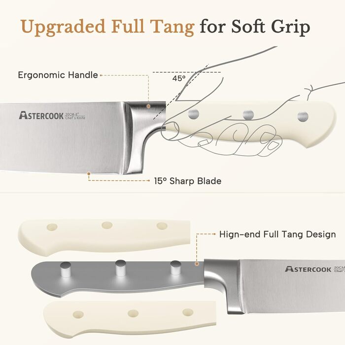 Набір ножів Astercook: 14 предметів у блоці, нержавіюча сталь, з точилкою, ергономічні, для кухні