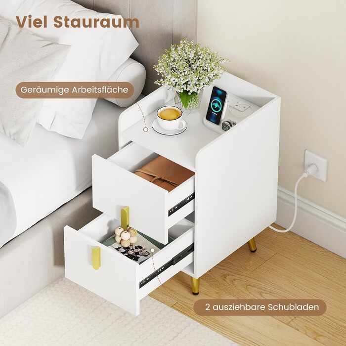 Нічний столик COSTWAY з зарядкою, вузький приліжний столик з 2 шухлядами, металеві ніжки, для спальні, вітальні, 32x40x60 см (Білий)