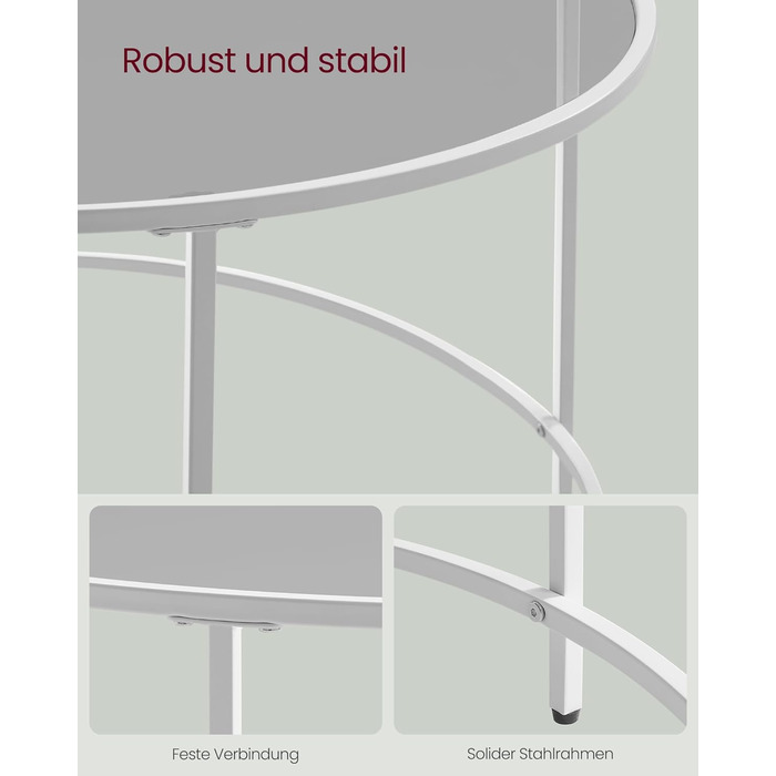 Журнальний столик VASAGLE, скляні меблі для вітальні, сталевий каркас, круглий журнальний столик, LGT21G (перлинно-білий шиферно-сірий)