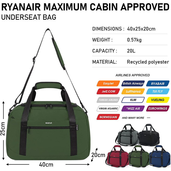 Ручна поклажа ECOHUB 40X20X25 для Ryanair Дорожня сумка сумка для літака під сидінням ручна поклажа валіза екологічно чиста Дорожня сумка з ПЕТ перероблена Дорожня сумка для жінок чоловіча сумка вихідного дня (зелений)