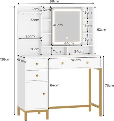 Трюмо AOGLLATI з розеткою, LED-підсвічуванням, регульованою яскравістю, шухлядами та полицями. Косметичний столик зі дзеркалом (білий)