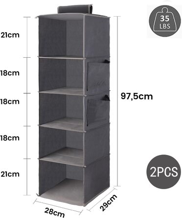 Підвісна полиця для зберігання Fitamilia 2 предмети з 4 широкими відділеннями, органайзер для шафи Підвісний органайзер складний для сімейного зберігання, нетканий матеріал (сірий 5 відділень*2)