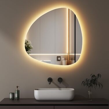 Асиметричне дзеркало для ванної кімнати Boromal з підсвічуванням 80x80 см LED, сенсорне керування, 3 кольори світла, регулювання яскравості