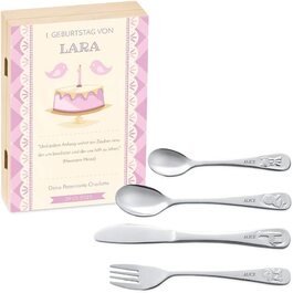 Набір дитячого столового прибору Maverton Kinderbesteck з гравіюванням + дерев'яна коробка з надруком (з тваринами) з нержавіючої сталі, коричневий. Подарунок для дівчинки на день народження, хрещення, народження. Різдвяні подарунки. Ведмедик (торт на день народження)