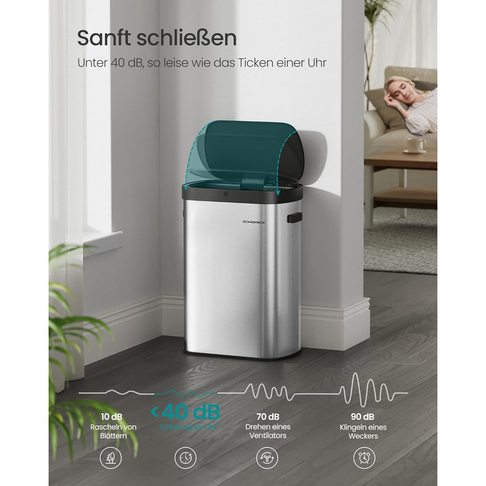 SONGMICS Відро для сміття з сенсором, автоматичне, 50 л, відкриття рухом руки або дотиком, Softclose-кришка, сталь, з 15 мішками для сміття, LTB640B02 (металік срібло + чорний)