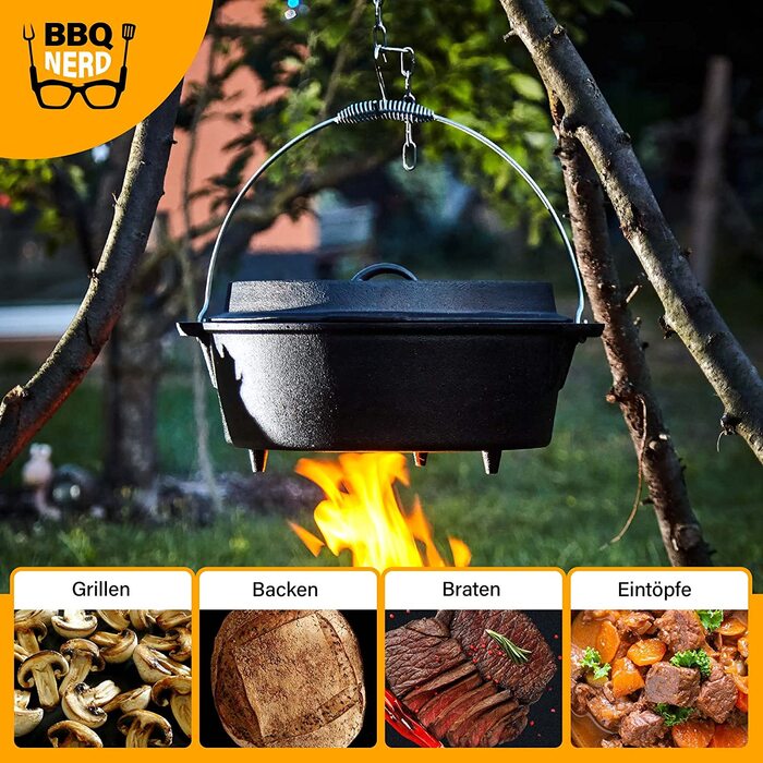 Голландська піч BBQ-Nerd 'Starter' 3.1L з ніжками - готова до використання, попередньо оброблена - чавунний котелок, жаровня з кришкою та підйомником кришки - вогнестійкий котелок для гриля та кемпінгу, котелок для гриля 'Starter' з ніжками 3.1 літр