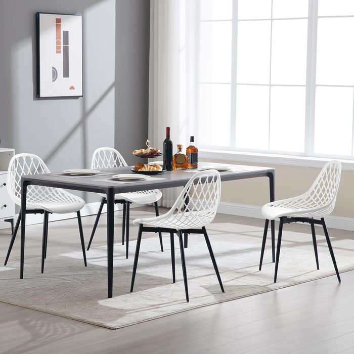 Набір обідніх стільців 4 шт., кухонний стілець з перфорованою спинкою, стілець для вітальні з металевими ніжками, пластиковий стілець для кухні, вітальні, балкону, скандинавський, білий, K0018EZS-4