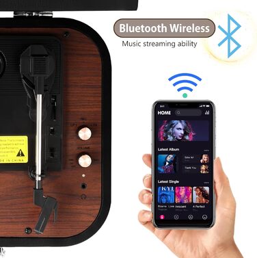 Вініловий програвач з динаміками і Bluetooth 5.4, ретро-дизайн, 33/45/78 об/хв, USB-оцифрування, RCA/AUX, портативний кейс, чорний