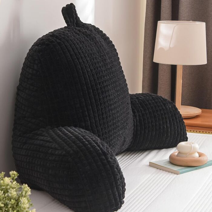 Лежак для читання Lesekissen, великий, для дорослих та дітей, з підлокітниками, підтримка спини для відпочинку та сну, вафельний малюнок, стереоскопічний дизайн, чорний, великий