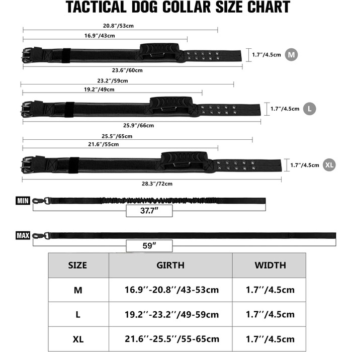 Тактичний нашийник для собак з ручкою управління і повідцем для собак, військовий нашийник нейлоновий нашийник з м'якою підкладкою Регульований нашийник для собак середнього розміру (XL, P5-чорний)