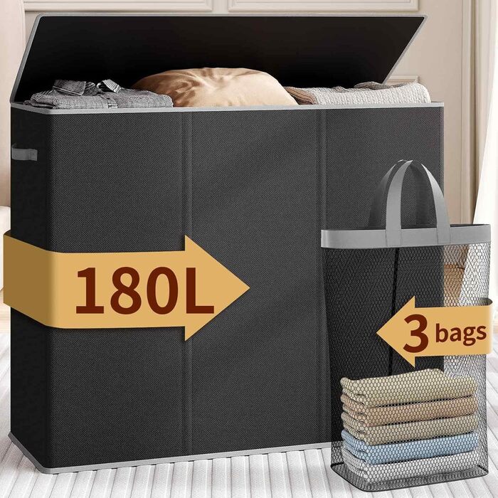 Кошик для білизни Relefree з 3 відділеннями, 180 л, великий кошик для сортування білизни, знімні кишені, з кришкою, для спальні, ванної кімнати, гуртожитку (Чорний)