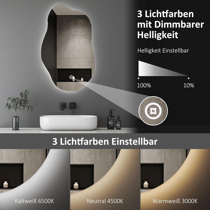 LED дзеркало для ванної кімнати Boromal 100x60 см з підсвічуванням, 3 кольори світла, диммування, сенсорне керування