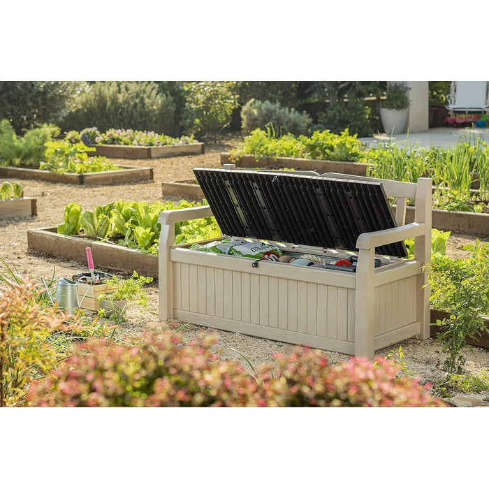 Стілець-лавка Keter Eden для балкона та саду, садовий стілець з вбудованою коробкою для зберігання з об'ємом 265 л, 140x60x84 см, вологостійкий, легкий у догляді, бежевий, для вулиці, з імітацією дерева