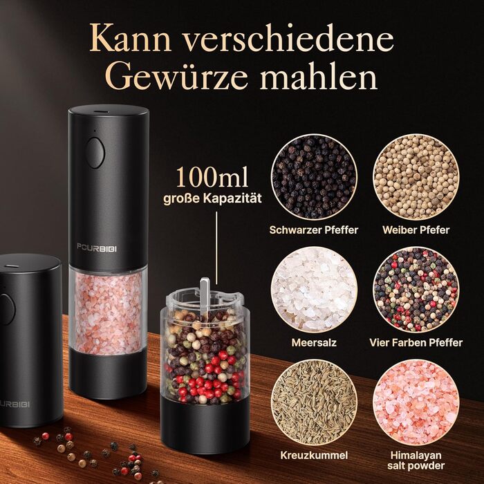 Електричні мельниці для солі та перцю 2 шт. з USB-C зарядкою, 100 мл, 6 ступенів помелу, для зручного використання однією рукою, з LED-підсвічуванням, керамічний жорно, для спецій