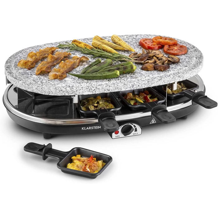 Раклет Klarstein Steaklette All-U-Can-Grill - 1500 Вт, 8 осіб з каструлею, плавно регульована температура, 4-в-1, без підставки та дерев'яної лопатки Гриль 4-в-1 без підставки та дерев'яної лопатки