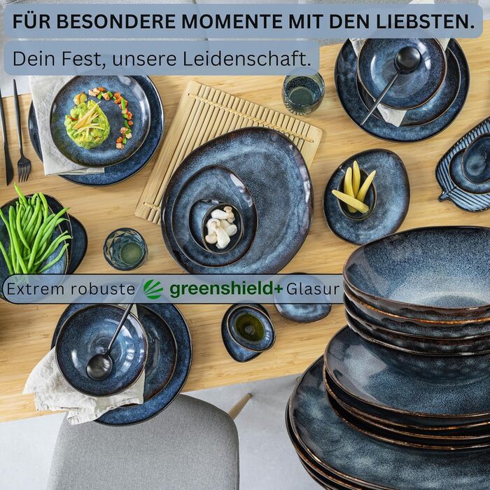 Sänger Tafelservice Tokio 24: Набір посуду з 24 предметів для 8 осіб, Steingut, сучасний ручної роботи, темно-синій з чорними акцентами | PREMIUM COLLECTION
