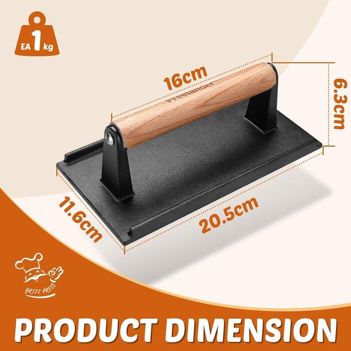 Пресс для бургерів Freelander з чавуну, набір для розчавлювання бургерів (Ø 17.6 см, 20.5 см), прес для гриля з термостійкою ручкою, великий бургерний прес для BBQ, стейків, сендвічів (чорний, прямокутний)