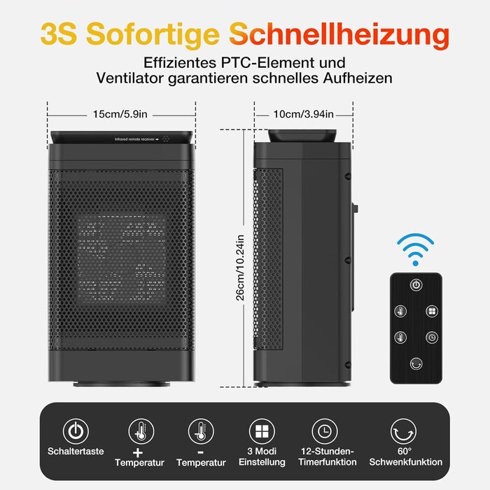 Тепловентилятор електричний з дистанційним керуванням - електричний обігрівач 1500 Вт, керамічний обігрівач PTC з 3 нагрівачами, коливання 60, таймер на 12 годин, пульт дистанційного керування, енергозбереження для ванної кімнати, спальні