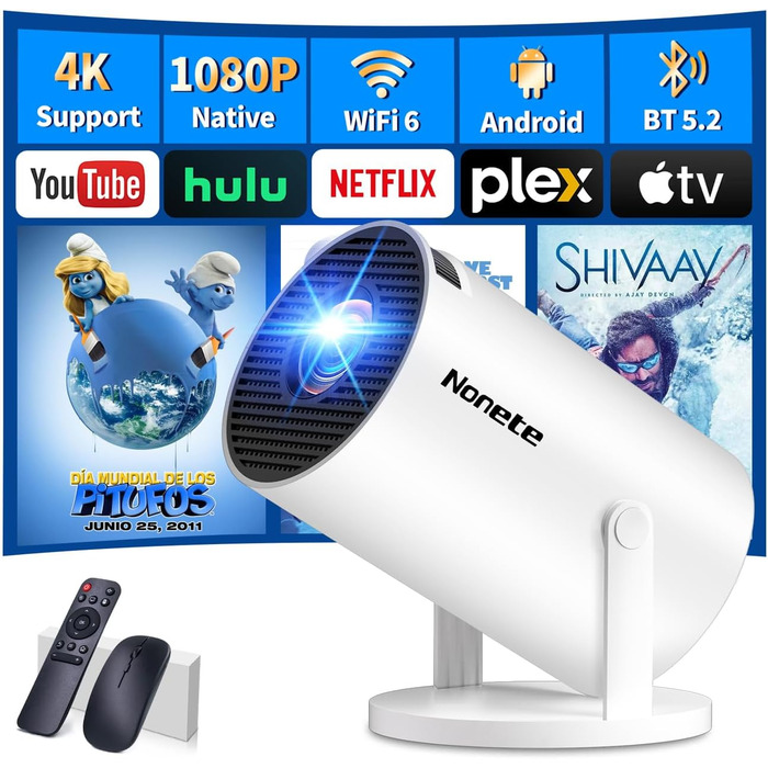 Beamer 4K: Міні проєктор Full HD 1080P з Wi-Fi 6, Bluetooth 5.2 та Android. Підтримка PC/HDMI/USB, авто-корекція Keystone, поворот 270°, з пультом та мишкою, білий.