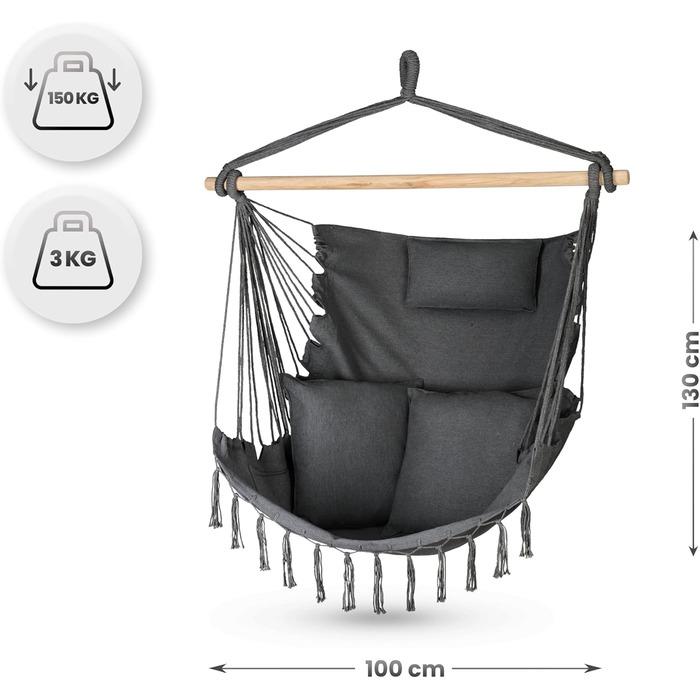 Підвісне крісло-гойдалка з подушкою 100x130x75 см, до 150 кг, для саду та дому, графітовий колір