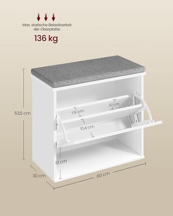 VASAGLE Комод для взуття з сидінням, банкетка для взуття з 3 ярусами, контейнер для взуття на 6 пар, відкидна полиця з регульованою перегородкою, 30 x 60 x 53,5 см, для передпокою, спальні, білий-сірий, LSB121WB01