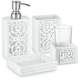 Набір аксесуарів для ванної кімнати Creative Scents – білий та сірий. 4 предмети: дозатор для мила, мильниця, тримач для зубних щіток, чашка.