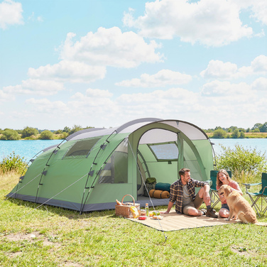 Сімейний намет-тунель на 4 особи з 2 спальнями, тамбуром, 4 вікнами, підлогою та висотою стелі. Водостійкість 3000 мм.