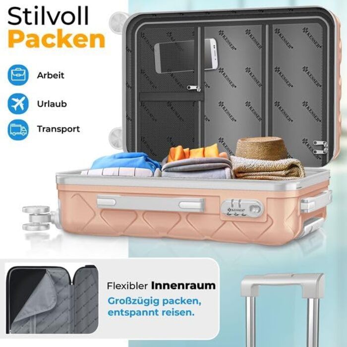 Набір валіз KESSER® 3 шт. | Валізи з ABS-пластику з кодовим замком, ваговою системою та органайзером для документів, 360° обертання | Ручна поклажа та великі валізи для подорожей та бізнесу (Нюдовий сірий)