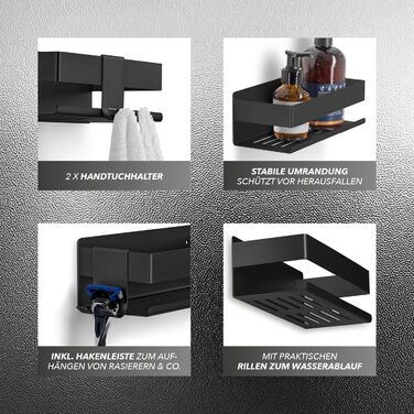 Набір душових поличок BENKSTEIN (2 шт.) | Регульована поличка для душу без свердління | Корзина для душу з кріпленням без свердління | Тримач для гелю для душу та шампуню | Організатор для ванної кімнати, поличка для душу (на клей, чорний)