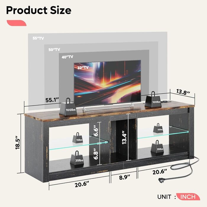 ТВ-тумба Bestier для телевізорів до 65 дюймів, 160x35x52 см з RGB-підсвічуванням та органайзером для кабелів, регульована скляна полиця, темно-коричневий