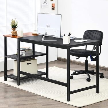 Комп'ютерний стіл COSTWAY 150 см, стіл зі знімними відділеннями для зберігання, промисловий стіл для ноутбука зі сталевою рамою з гачком для навушників, стіл для ПК для домашнього офісу (чорний)