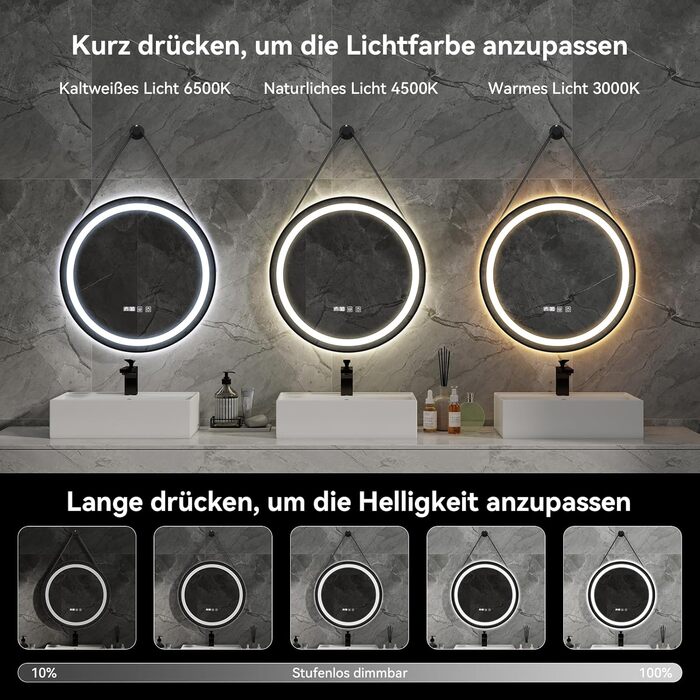Дзеркало для ванної кімнати YOURLITE з підсвічуванням, 60 см, кругле, LED, 3 кольори, регулювання яскравості, сенсорний вимикач, антизапарник, пам'ять, IP44, чорний