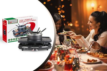 Набір для раклет, фондю та гриль MAGNANI 3 в 1 на 8 осіб з регулюванням температури, виделки та сковорідки, 1100W, антипригарне покриття