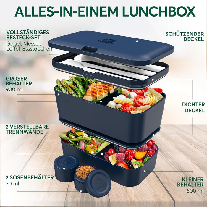 З сумкою для обіду та 2 контейнерами для соусу, герметичний, 1 Bento Lunchbox XL, Midnight Blue & Blue