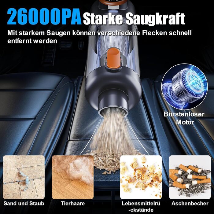 Акумуляторний ручний пилосмок Handstaubsauger 26000 Па, бездротовий автомобільний пилосмок 4-в-1 з безщітковим двигуном, HD-дисплеєм та LED-підсвіткою, помаранчевий