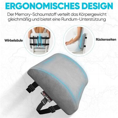 Пояснична подушка-підтримка FORTEM для авто, офісного та ігрового крісла, з ефектом пам'яті (Memory Foam), дихаючий чохол, сірий велюр