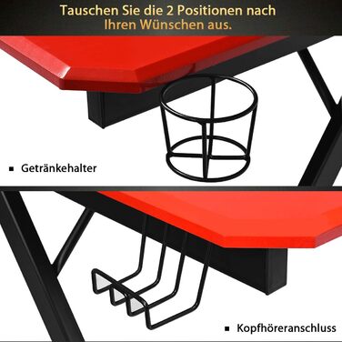 Подібний ігровий стіл COSTWAY, комп'ютерний стіл, стіл для ПК з підсклянником, гачок для навушників і підставка для динаміка, стіл для дому чи офісу, 120 x 60 x 77 см, червоний і чорний