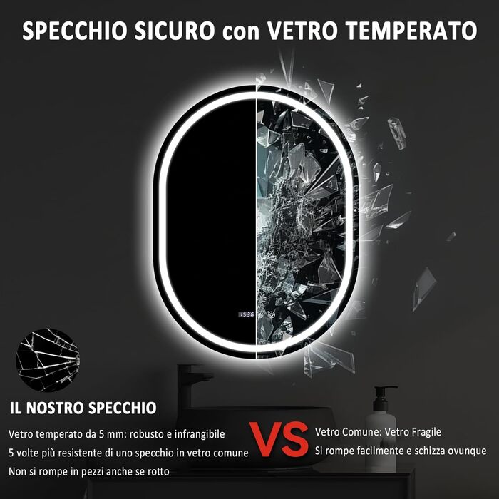 Дзеркало для ванної кімнати YU YUSING з підсвічуванням 80x60 см LED, 3 кольори світла, регулювання яскравості, антизапітніння, сенсорний вимикач, таймер, загартоване скло, IP44, овальне
