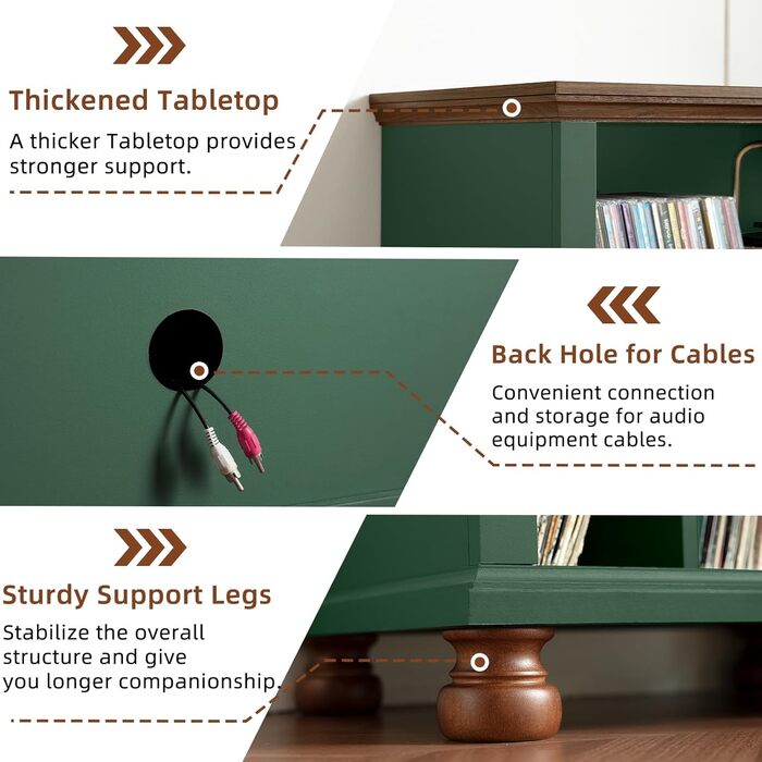Стійка для програвача LELELINKY, полиця для платівок, місце для 200 платівок, дерев'яний стіл для програвача, полиця для платівок у вітальню, спальню, офіс (зелений)